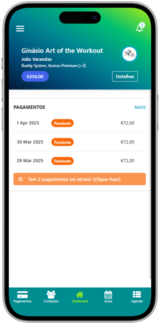 Dashboard de pagamentos na app PAGA