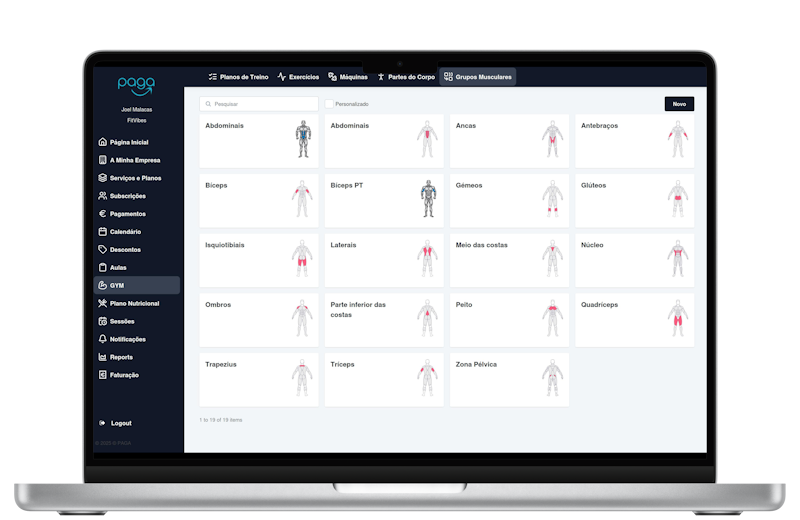 Grupos Musculares na app PAGA Gym